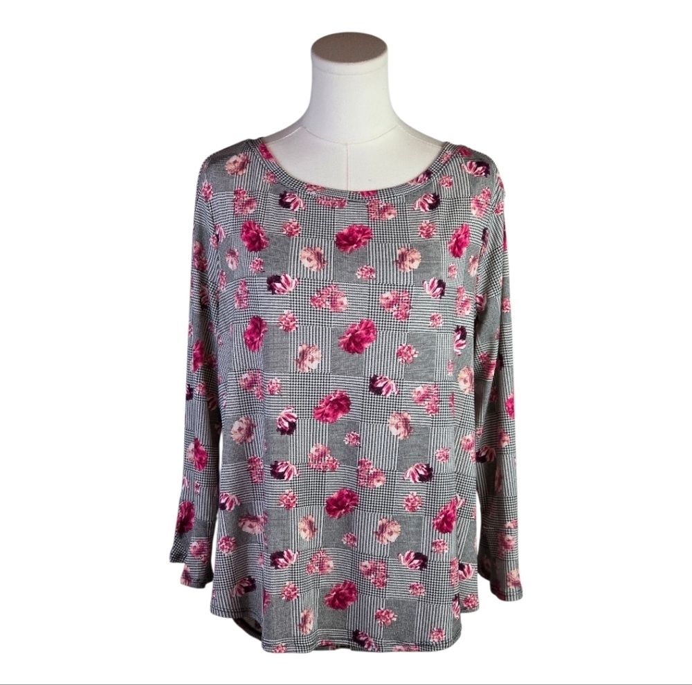 ELLE Pink Floral Houndstooth Long Sleeve Top M Stretch Blouse Workwear